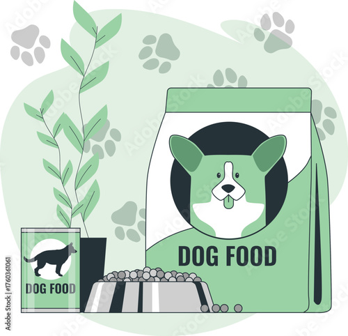 Dog Food Packaging and Bowl with Plant and Paw Prints Keywords: dog food, pet food, kibble, dry food, canned food, pet nutrition, animal feed, dog treats, pet supplies, pet care, healthy food