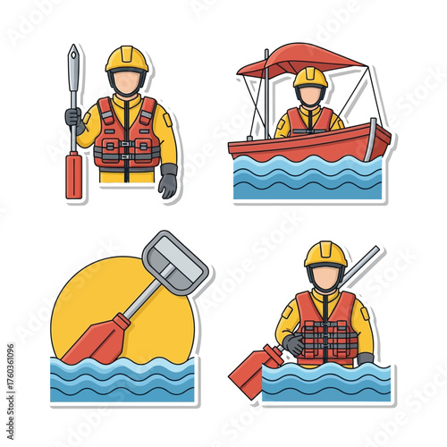 Illustrations of rescue personnel in various water-based scenarios, using equipment.