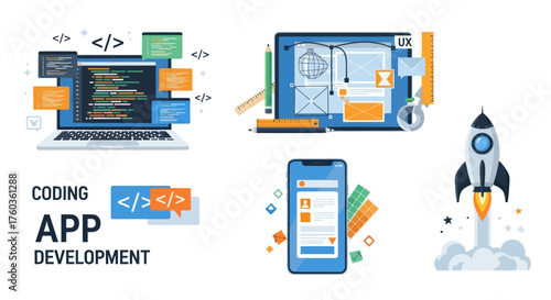 Digital App Development Process with Coding UI Design and Rocket Launch.