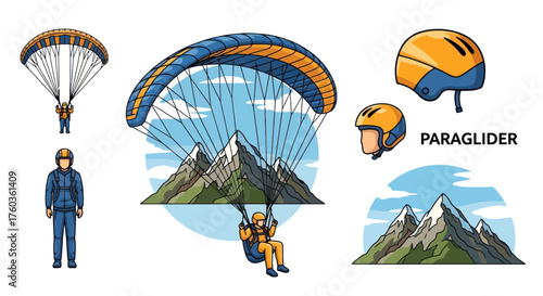 Colorful Paraglider with Pilot and Mountain Scenery Helmets.