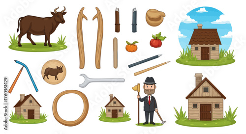 Cartoon Farm and Village Elements: Cow Tools Houses and Character.