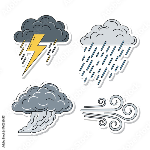 Four weather icons depicting a thunderstorm, rain, a storm cloud, and wind, presented in a cartoon style.