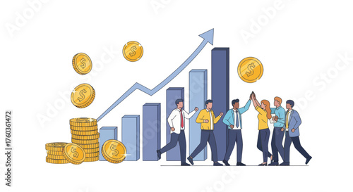 Business Team Celebrating Financial Growth and Success with Bar Chart and Gold Coins.