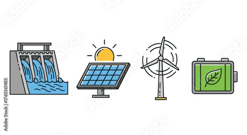 Diverse renewable energy sources depicted as icons: dam solar panel wind turbine and battery.