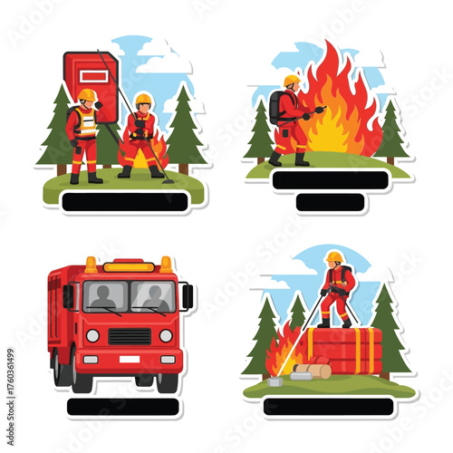 Four illustrations depicting firefighters in action, including putting out a fire, using equipment, and a fire truck.