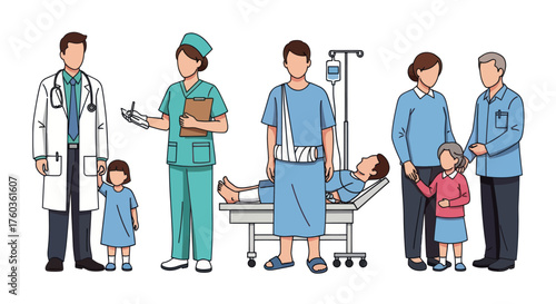 Diverse Medical Team and Patients Illustrating Healthcare and Family Support.