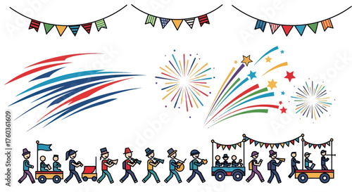 Colorful Festival and Celebration Elements Set with Fireworks Parade and Bunting Decorations.