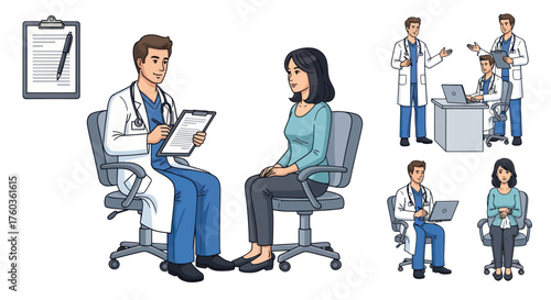 Doctor consulting with patient medical examination and healthcare professionals.