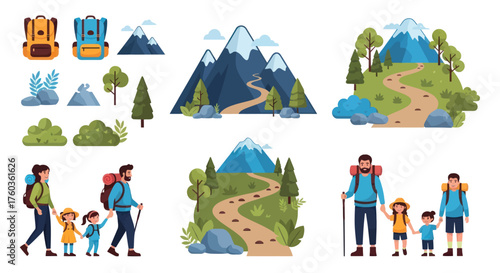 Hiking and Camping Elements: Backpacks Mountains and Families on Trails.