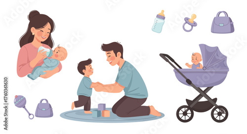 Watercolor Style Illustrations of Family Parenting and Baby Care Essentials.