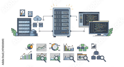 Server Rack Network with Data Analysis Icons and Computer Monitors.