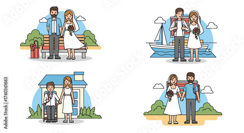 Cartoon Couples in Wedding Attire Various Outdoor Settings.