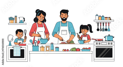 Happy Family Cooking Healthy Meal Together in Modern Kitchen.