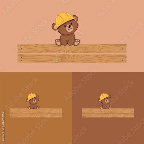 Cute cartoon bear wearing a yellow construction hard hat sitting on a wooden plank.