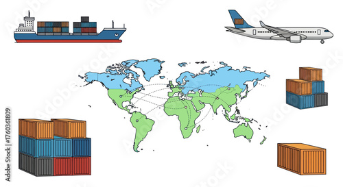 Detailed Illustrated World Map with Global Shipping Routes.
