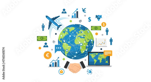 Global Business and International Commerce Illustration with Airplane and Laptop.