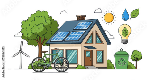 Sustainable Living: House with Solar Panels Wind Turbine Bicycle and Recycling Bin.