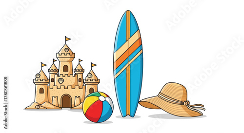 Beach Day Essentials: Sandcastle Surfboard Beach Ball and Sun Hat.