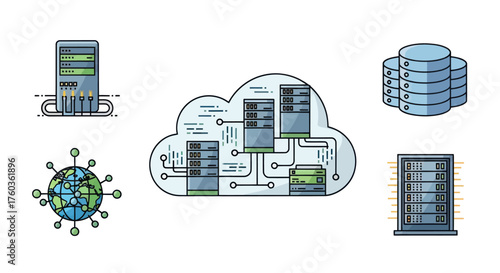 Illustrated Cloud Server with Data Storage and Network Connections.