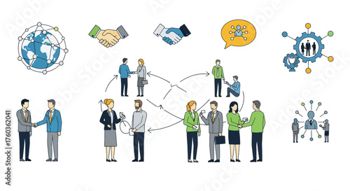 Business Network Illustration with Handshakes and Global Connections.