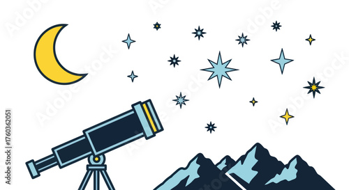 Telescope Observing Crescent Moon and Starry Night Sky Above Mountains.