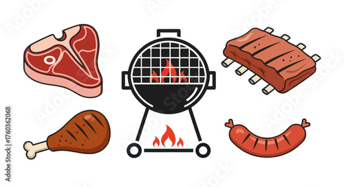 Cartoon BBQ Grill and Assorted Meats Vector Illustration Set.