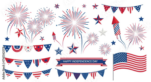 Festive Independence Day Celebration with Fireworks and American Flags.