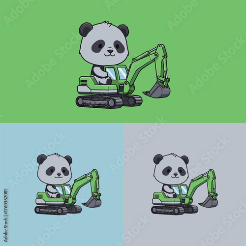 Cute panda operating a green excavator machine for construction work.