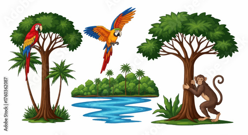 Vibrant Tropical Jungle Animals and Lush Green Trees Illustration.
