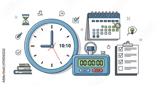 A collection of timekeeping devices and planning tools including a clock calendar and stopwatch.