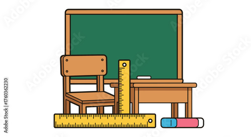 Cartoon Illustration of School Classroom Elements with Chalkboard.