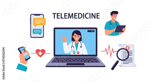 Telemedicine concept with doctor on laptop screen and medical icons.