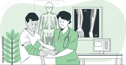 Doctor Examining a Patient's Injured Arm with X-rays and Skeleton Chart medical examination