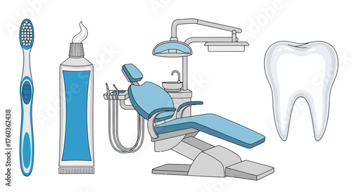 Dentistry Equipment and Oral Hygiene Items Illustration Set.