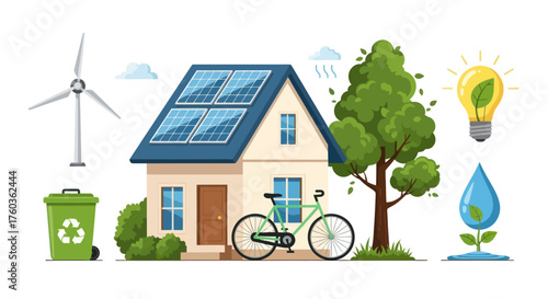 Eco-Friendly House with Solar Panels Wind Turbine and Green Energy Elements.