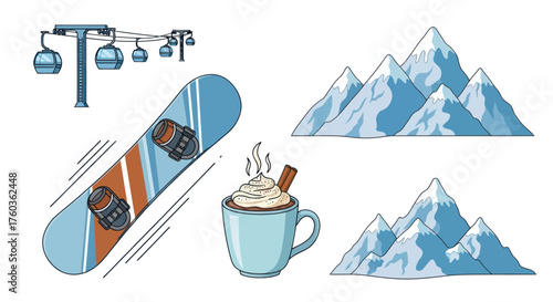 Winter Snowboarding Adventure Elements: Snowboard Ski Lift Mountains and Hot Drink.