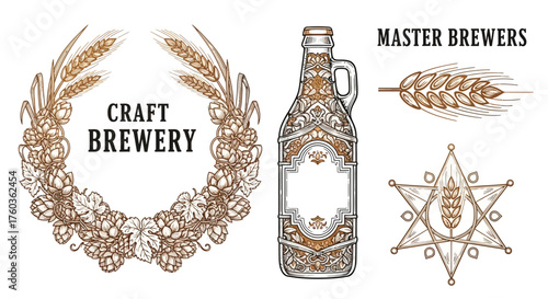 Elegant craft brewery vector elements with hops wreath, growler bottle, and brewer's star for microbrew branding
