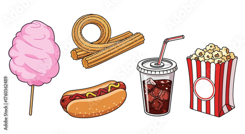 Assortment of classic fair and movie snacks including cotton candy churros hot dog soda and popcorn.