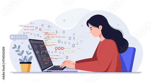 Illustration of a young woman coding on a laptop with floating data, binaries and code. Concept for software development, application design and remote working solutions