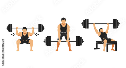 Three men performing weightlifting exercises with barbells: squat deadlift and bench press.