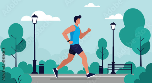 Illustration of a man jogging in a park setting with trees and streetlights, concept for fitness app design, promoting healthy lifestyle, and urban wellness programs