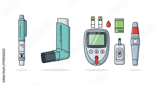 Essential Medical Devices for Diabetes and Asthma: Insulin Pen Inhaler Glucose Meter Test Strips.