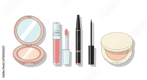 Essential Beauty Makeup Products Illustration: Compact Powder Lipstick Lip Gloss and Eyeliners.