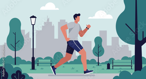 Illustration of a man jogging in the park with city view, wearing sportswear and fitness tracker. Concept for healthy lifestyle, outdoor exercise and urban wellness.