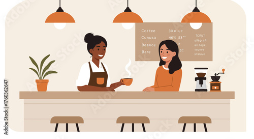 A barista gives a cup of coffee to a customer in a cozy cafe with minimalist design. Concept for coffee shop promotion, small business advertising and customer relationship management