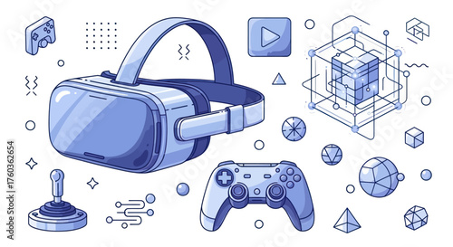Illustrated Blue VR Headset and Gaming Controller Set.