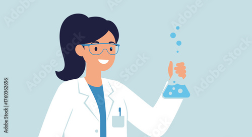 Scientist in lab coat holds a Erlenmeyer flask with blue liquid and bubbles against light blue background, concept for scientific research, pharmaceutical development and chemistry experiment
