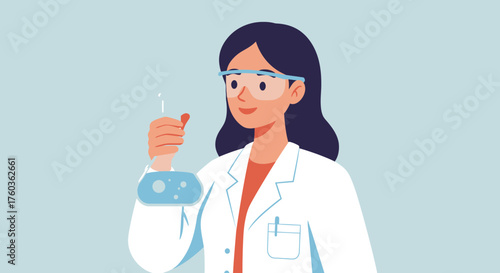 Female scientist in lab coat holding a flask with blue liquid and a test tube. Concept for pharmaceutical research, medical science and education