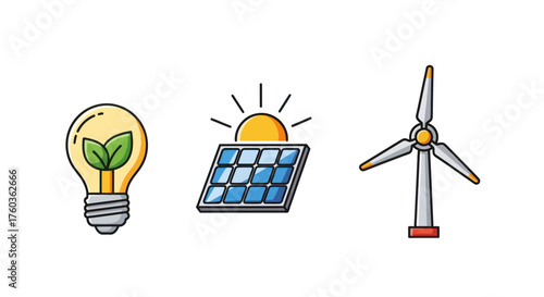 Colorful Renewable Energy Icons: Light Bulb Solar Panel Wind Turbine.
