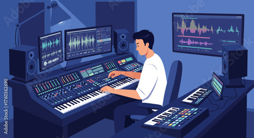Male musician composing music on a digital audio workstation with multiple monitors, concept for audio production, music creation and sound engineering, 194 characters